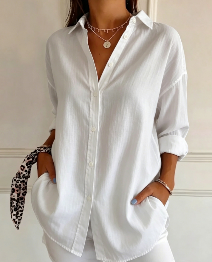 Women's Solid Color Button-Down Collared Long Sleeve Shirt