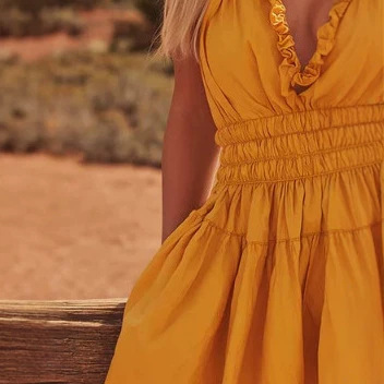Retro V-Neck Open-Back Bubble Hem Yellow Cotton Mini Dress
