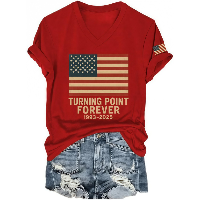 Flag Print V-Neck Short Sleeve T-Shirt for Women