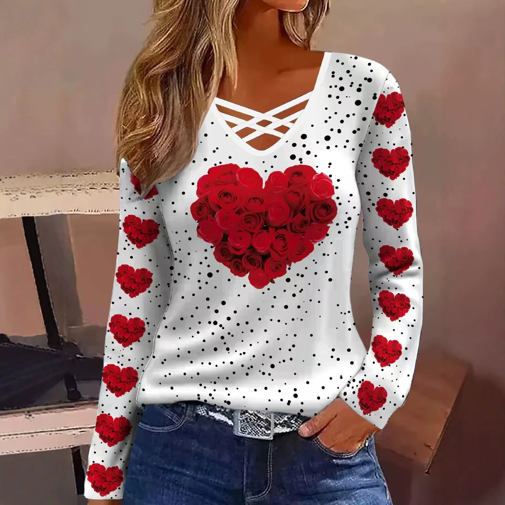 Women's V-Neck 3D Print Long-Sleeve T-Shirt