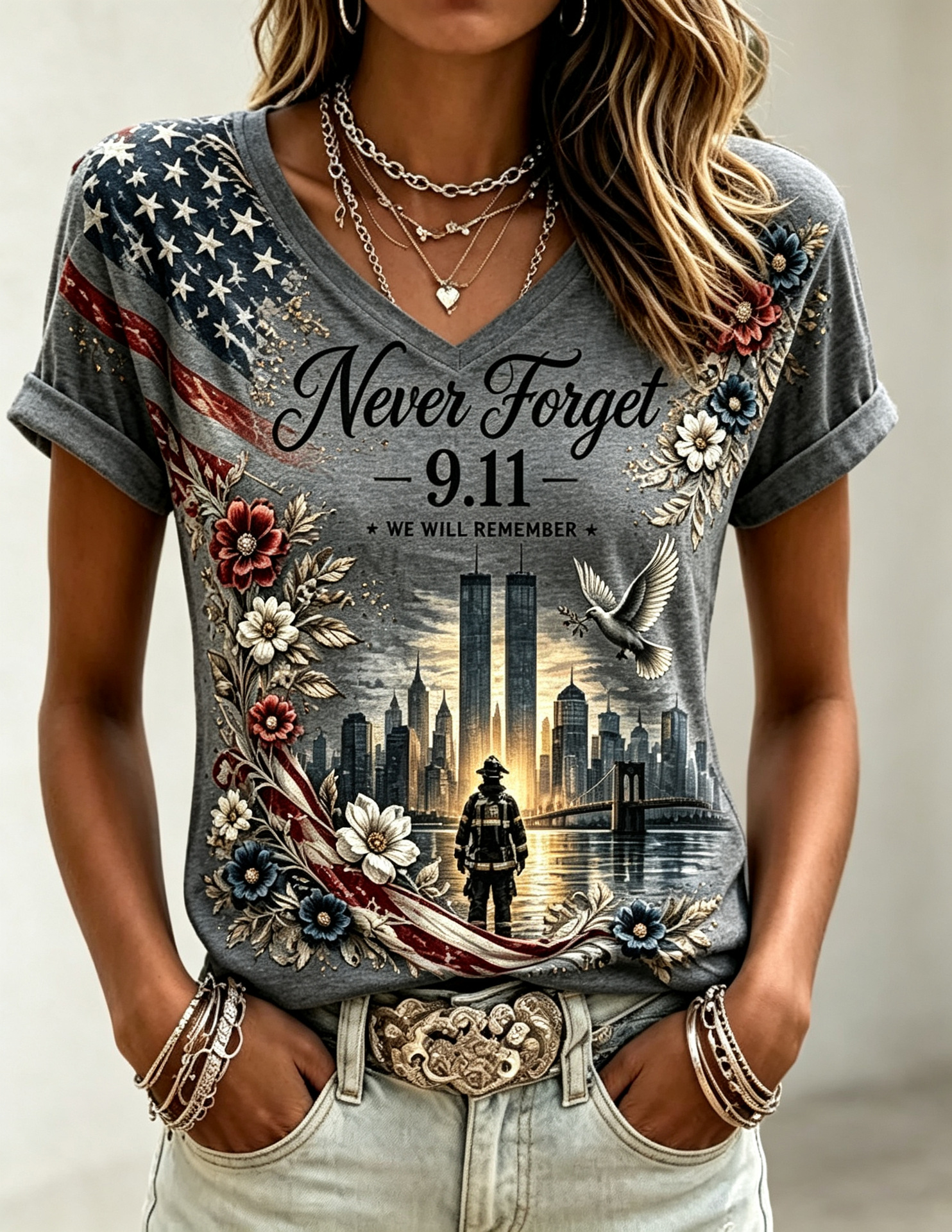 Women's Floral Print V-Neck Short Sleeve T-Shirt
