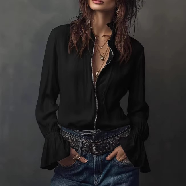 Women's Loose Fit Long Sleeve Zip-Up Solid Crewneck Shirt