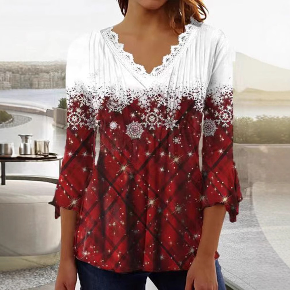 Snowflake Plaid V-Neck Long-Sleeve Top