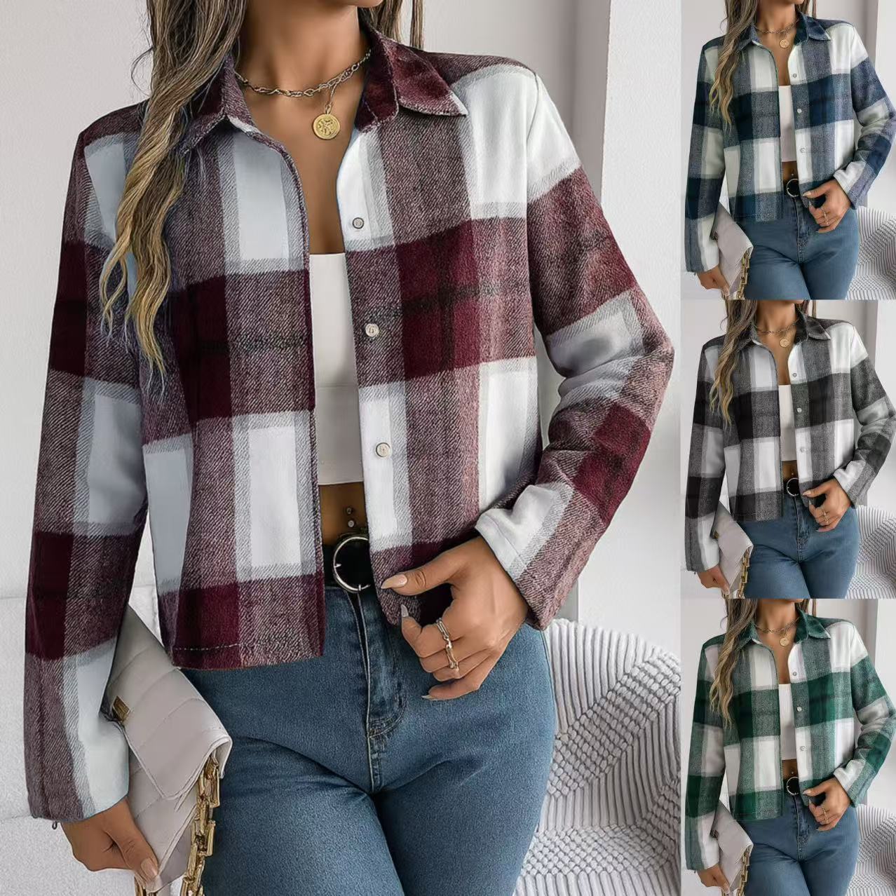 Women's Plaid Short Collared Jacket Shirt