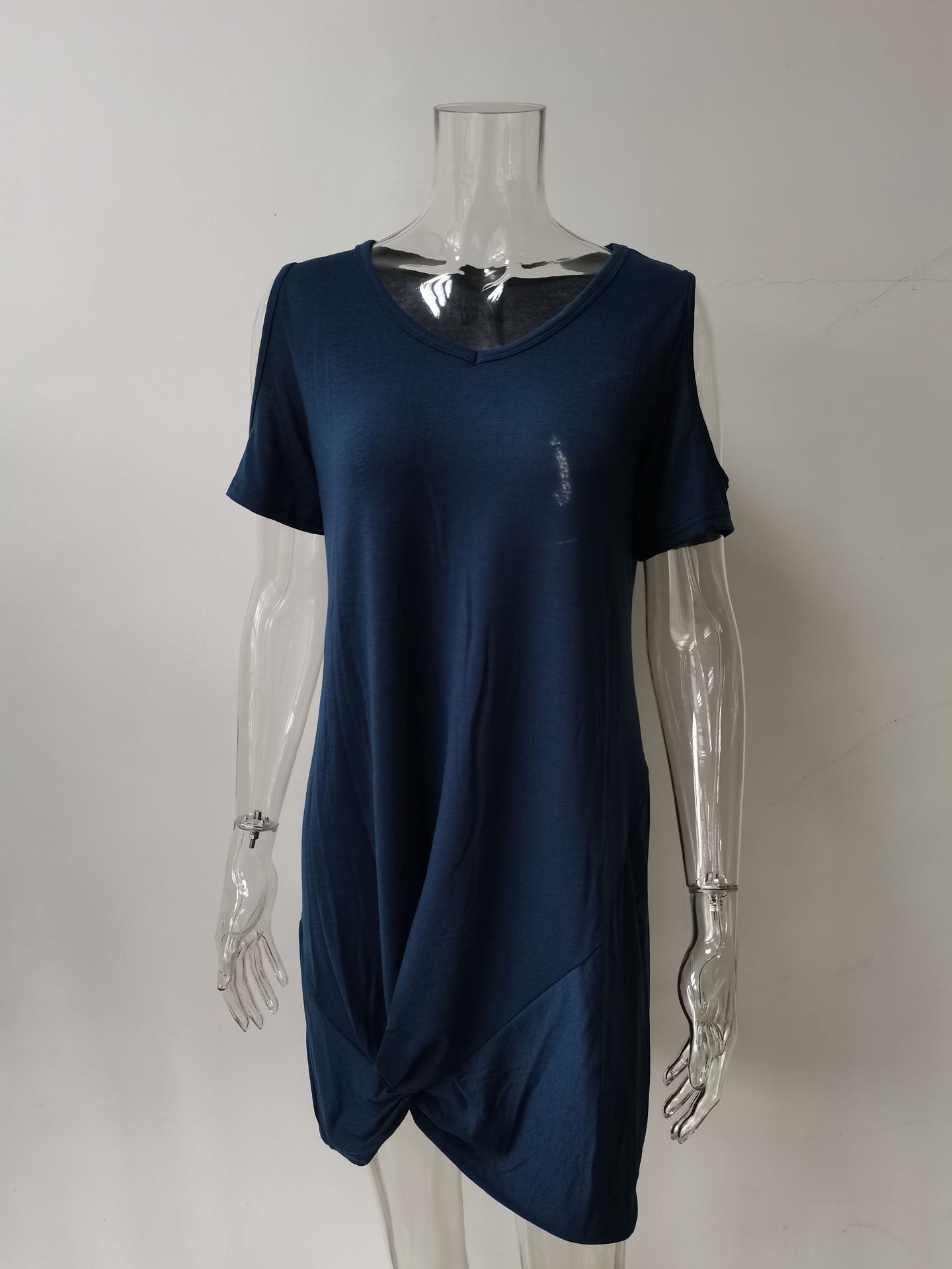 Women's Off-Shoulder Twist Knot Short Sleeve T-Shirt Dress Solid Color