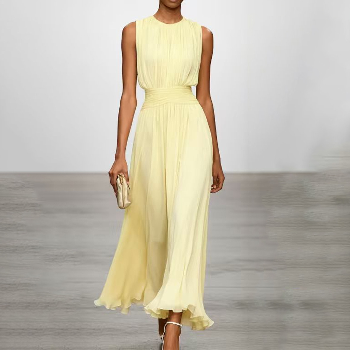 Sleeveless Solid Color Waist-Cinched A-Line Midi Dress with Round Neck