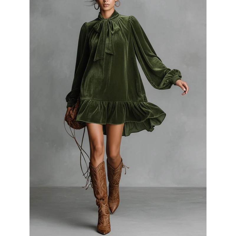 Velvet Long Sleeve Bow-Tie Irregular Solid Dress