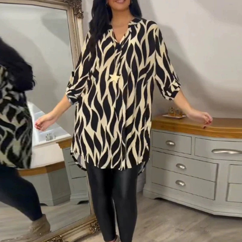 Printed Long Sleeve V-Neck Loose Blouse