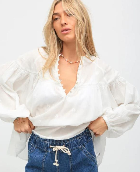 Women's Vintage Jacquard Embroidered Cutout Patchwork Puff Sleeve Shirt