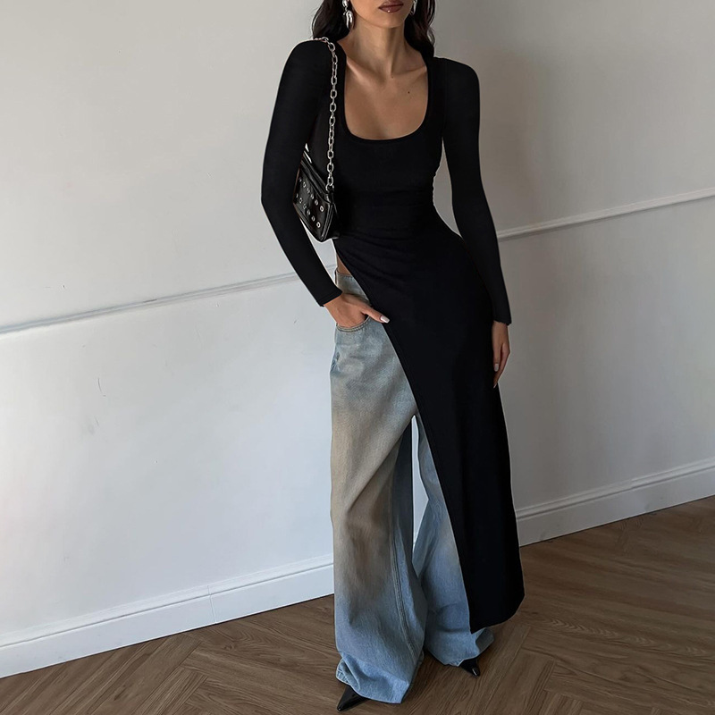 U-Neck Slim Fit Split Long Sleeve Dress