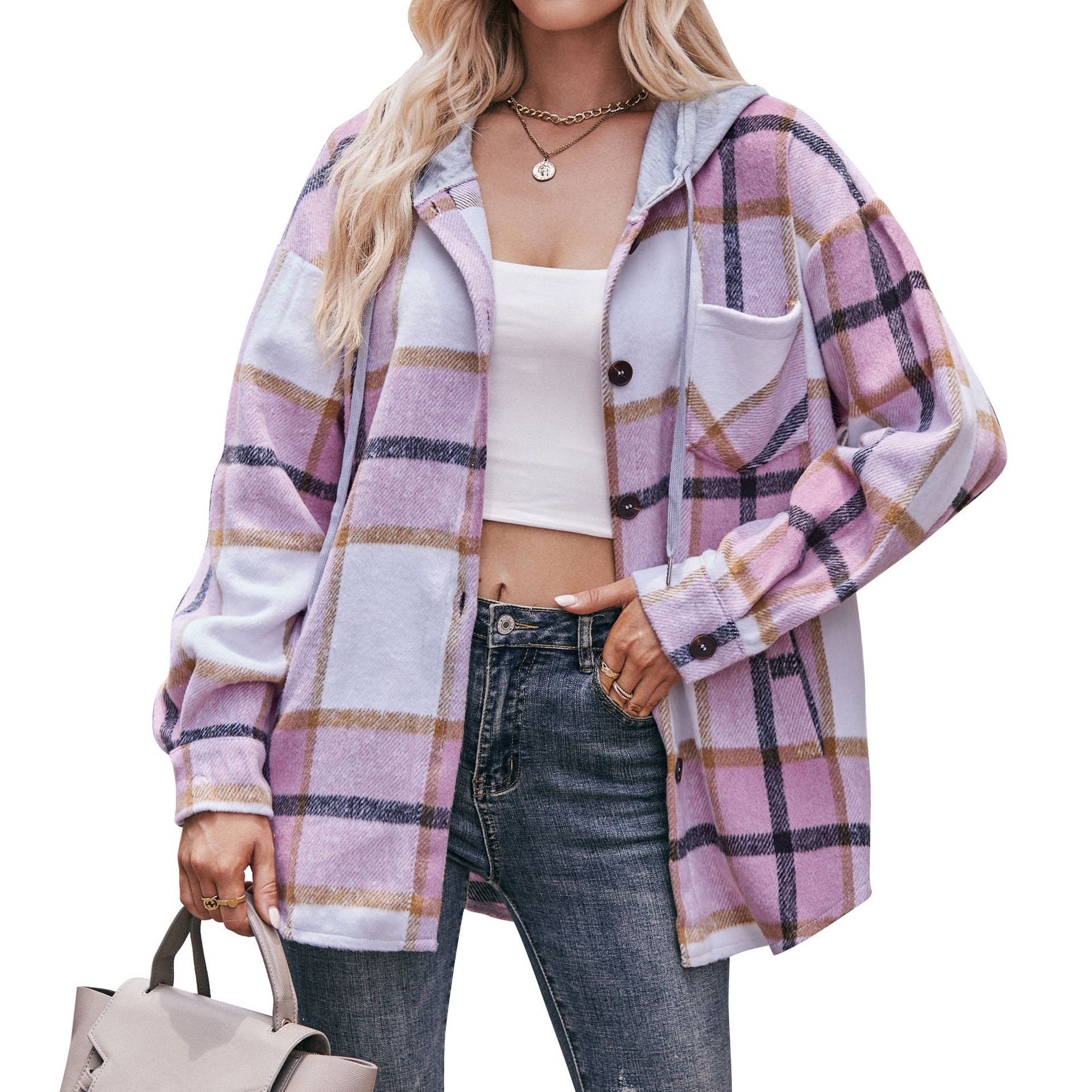 Women's Hooded Plaid Mid-Length Shirt Jacket Casual Loose Fit