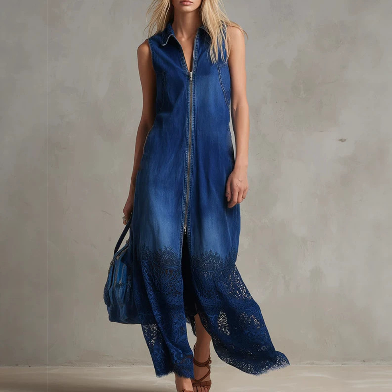 Bright Blue Denim and Lace Patchwork Long Dress