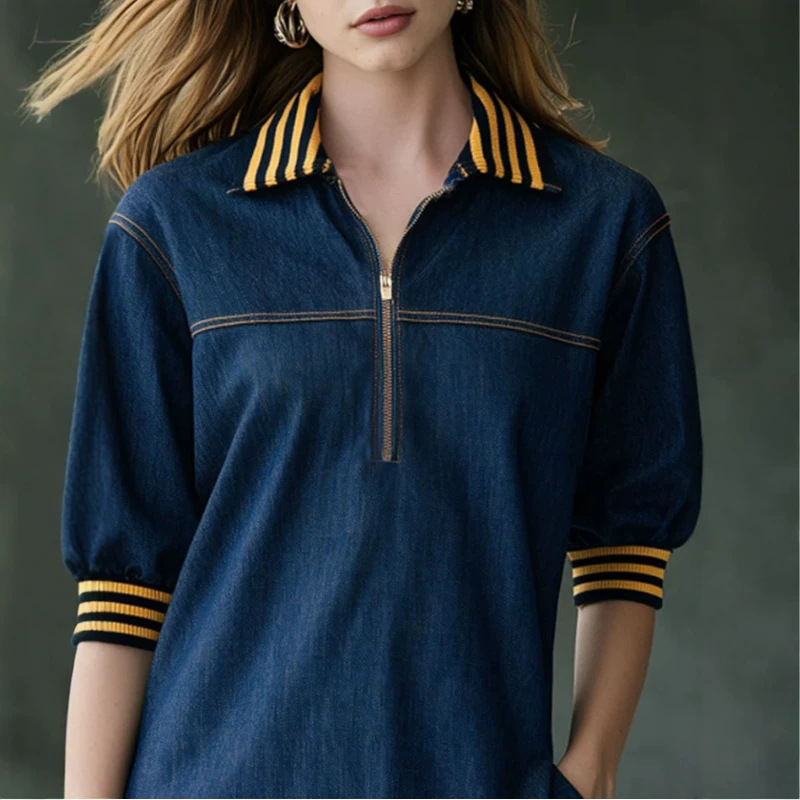 Retro Striped Ribbed Dark Blue Denim Mini Skirt