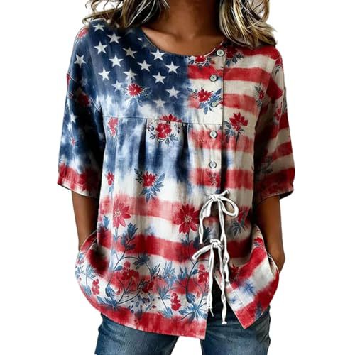Women's American Flag Heart Star Print Short Sleeve Shirt