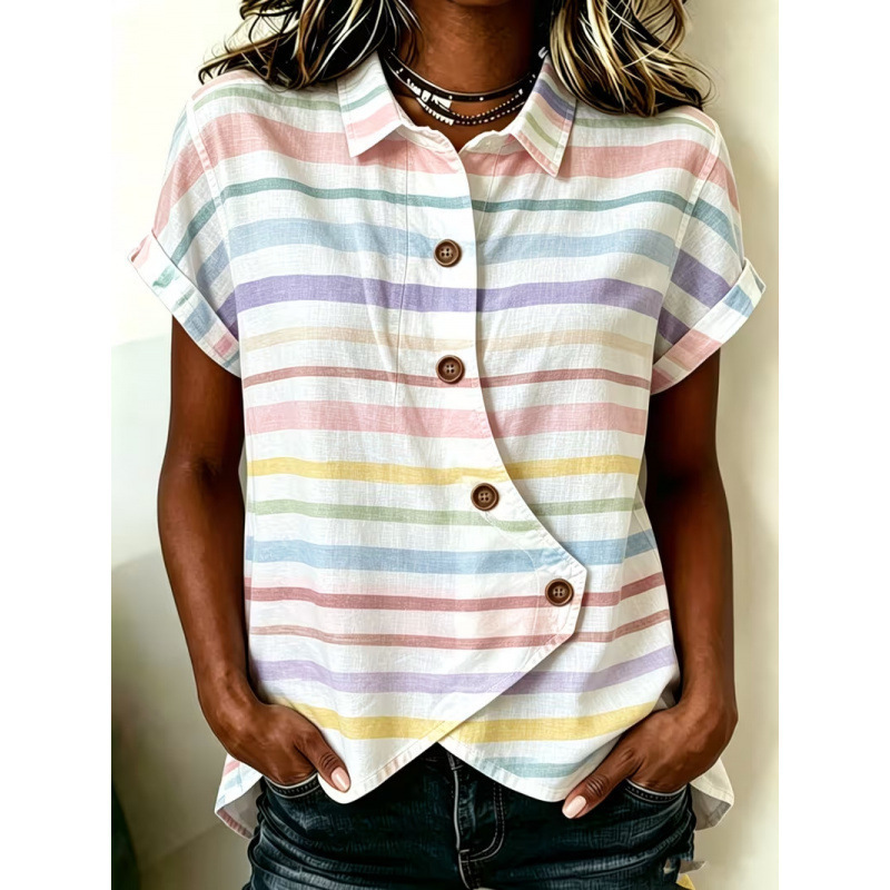 Women's Floral Striped Print Short Sleeve Asymmetric Blouse