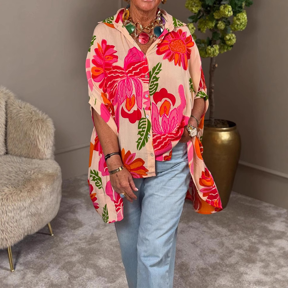 Floral Print Lapel Collar Irregular Hem Women's Shirt