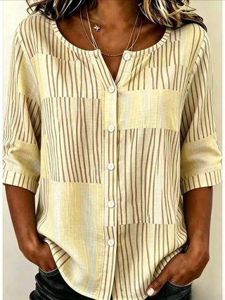 Women's Color-Block Vertical Striped Mid-Sleeve Shirt