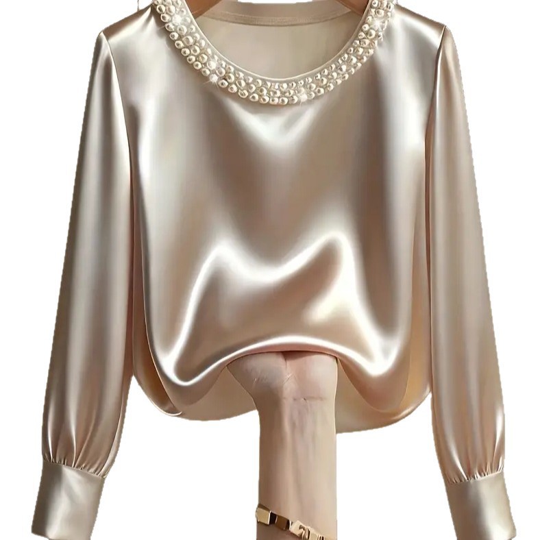 Women's Satin Blouse with Pearl Round Neck Long Sleeve