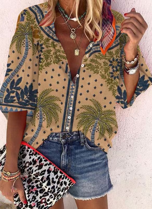 Women's Retro Print Button-Up Shirt with Stand Collar Loose Fit