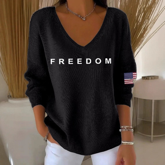 FREEDOM American Flag Letter Print V-Neck Long Sleeve Women's Top