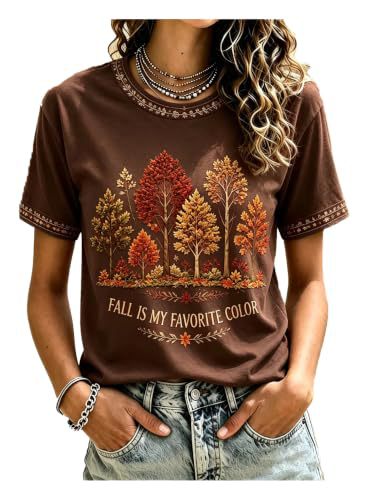 Tree & Maple Leaf Print Short-Sleeve Casual T-Shirt