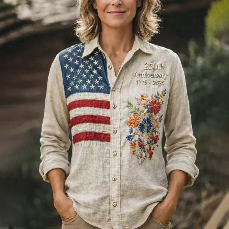 Women's Summer Floral American Flag Print Long Sleeve Shirt