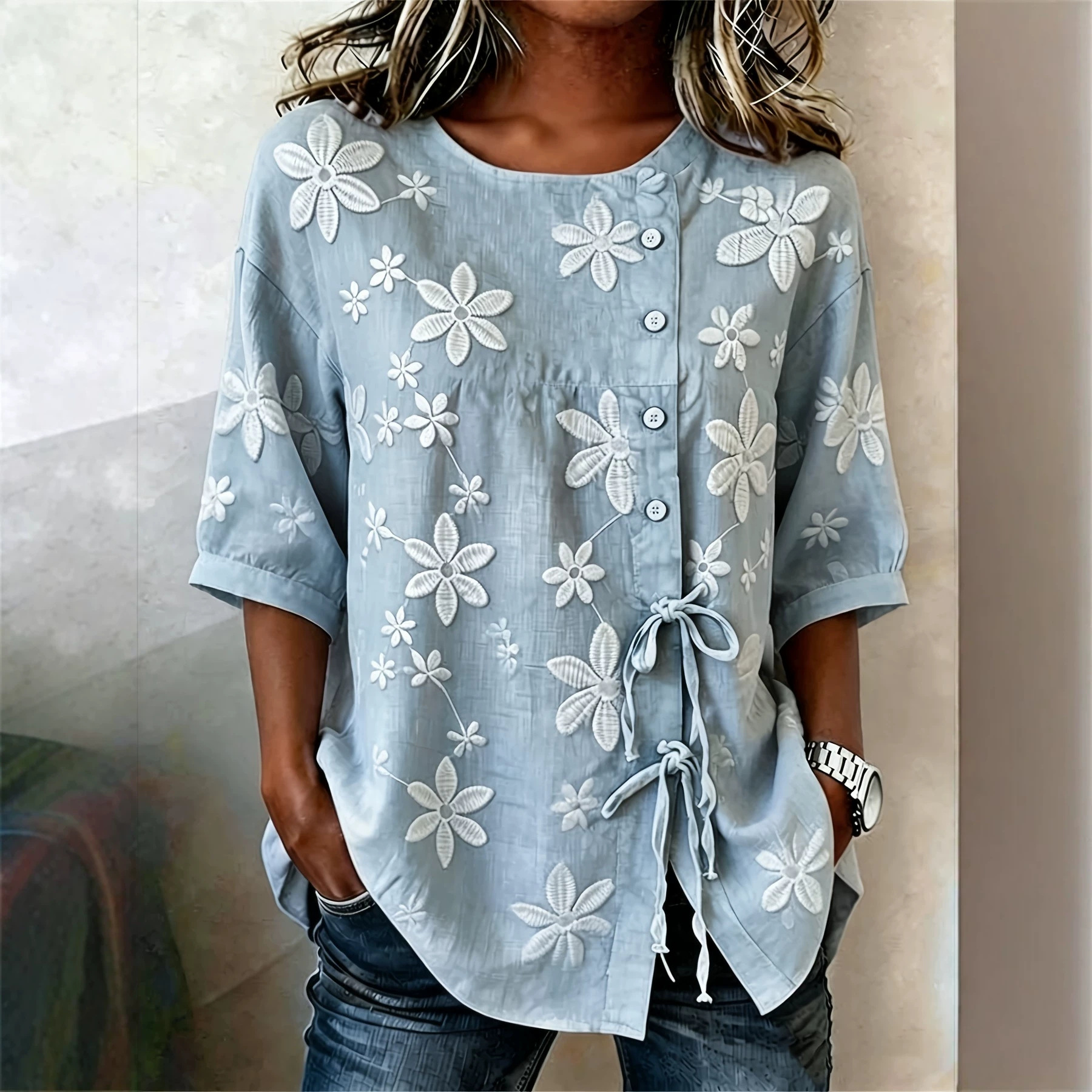 Women's Drawstring Tie Asymmetric Button Floral Print Half-Sleeve Blouse