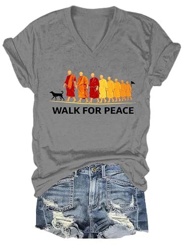 Summer Monk Light Dog Peace Print Short Sleeve Top