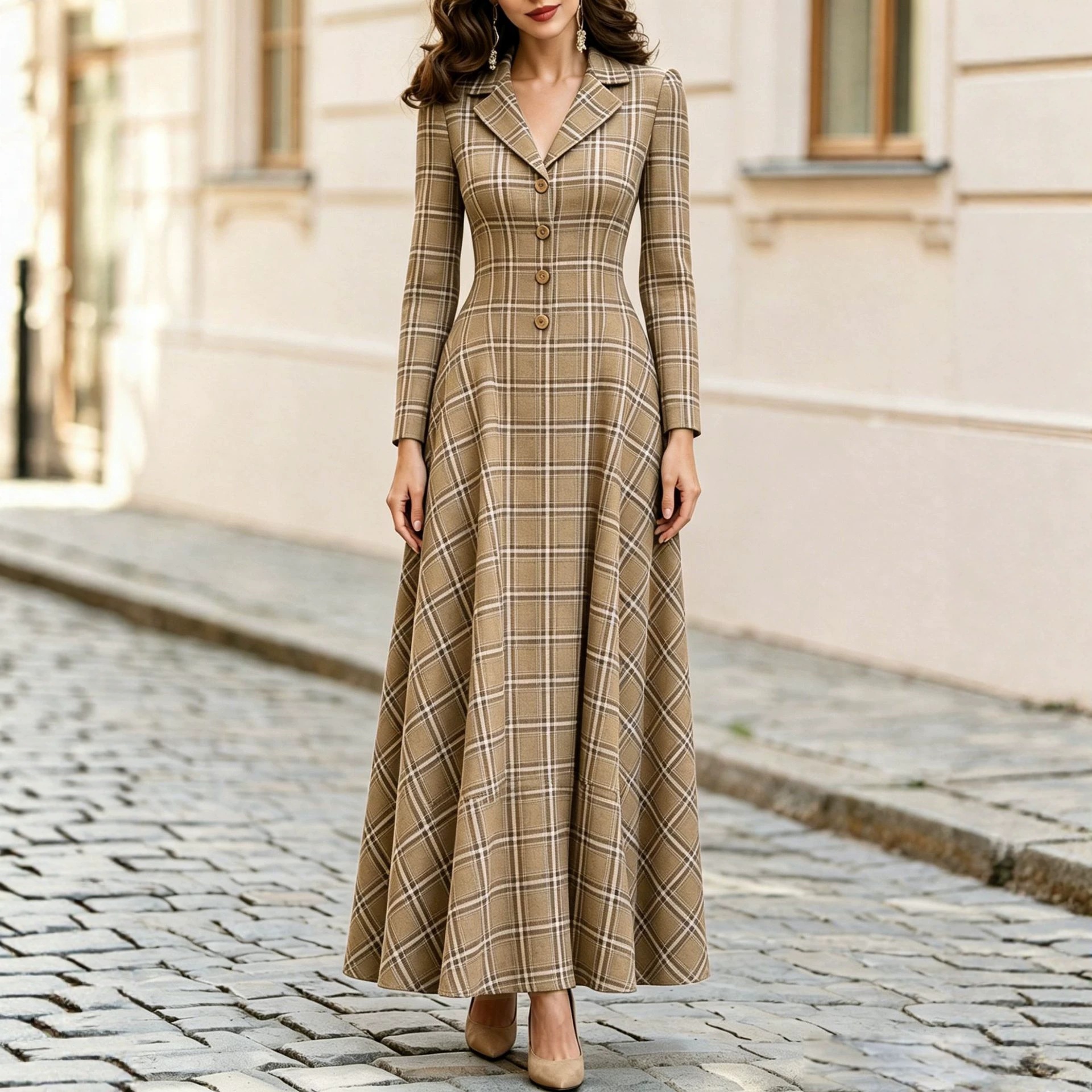 Women's Plaid Button-Front Blazer Dress Long Sleeve High Waist
