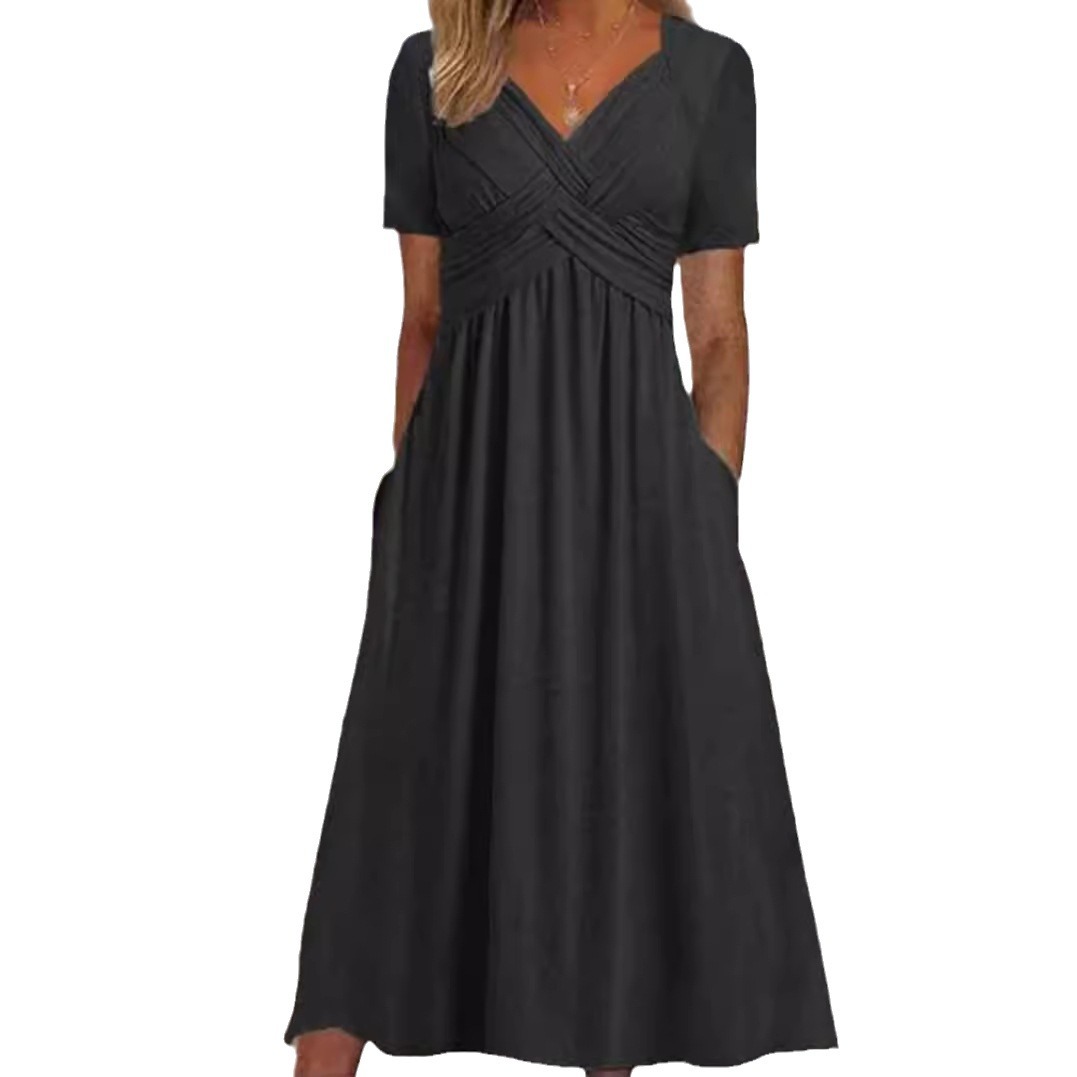 Solid V-Neck Short Sleeve Maxi Dress