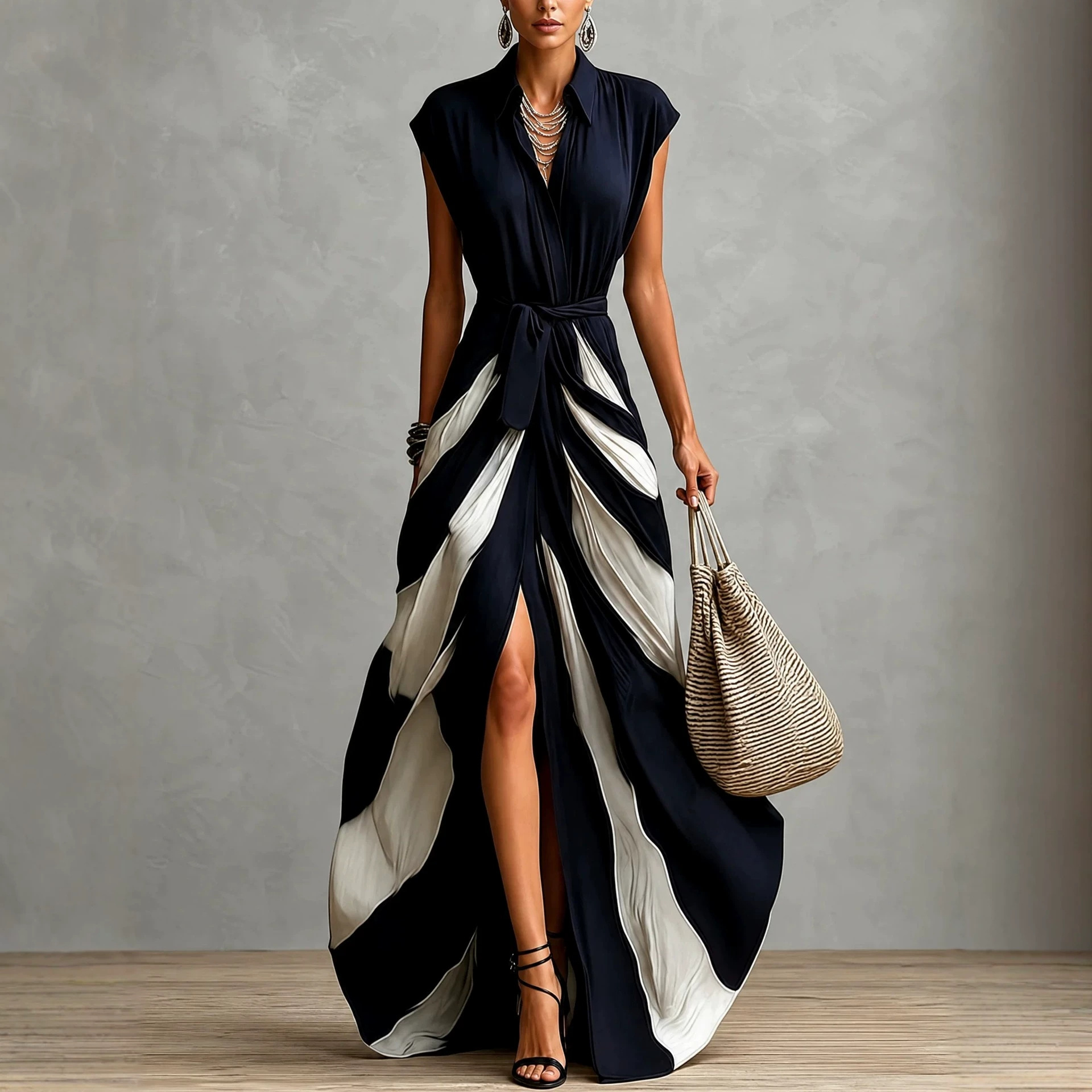 Women's Black & White Colorblock Lapel Sleeveless Tie-Waist Long Dress with Slit