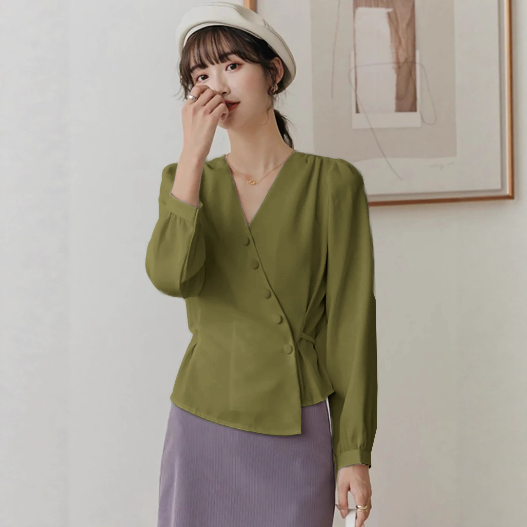 V-Neck Bubble Sleeve Tie-Waist Blouse