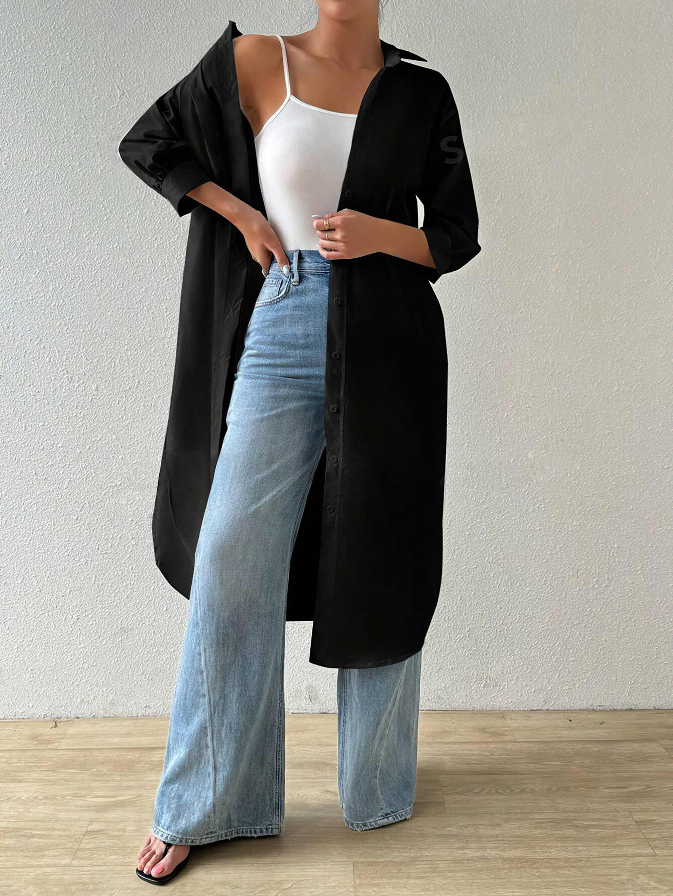 Women's Solid Color Long Cardigan Shirt with Half Sleeves