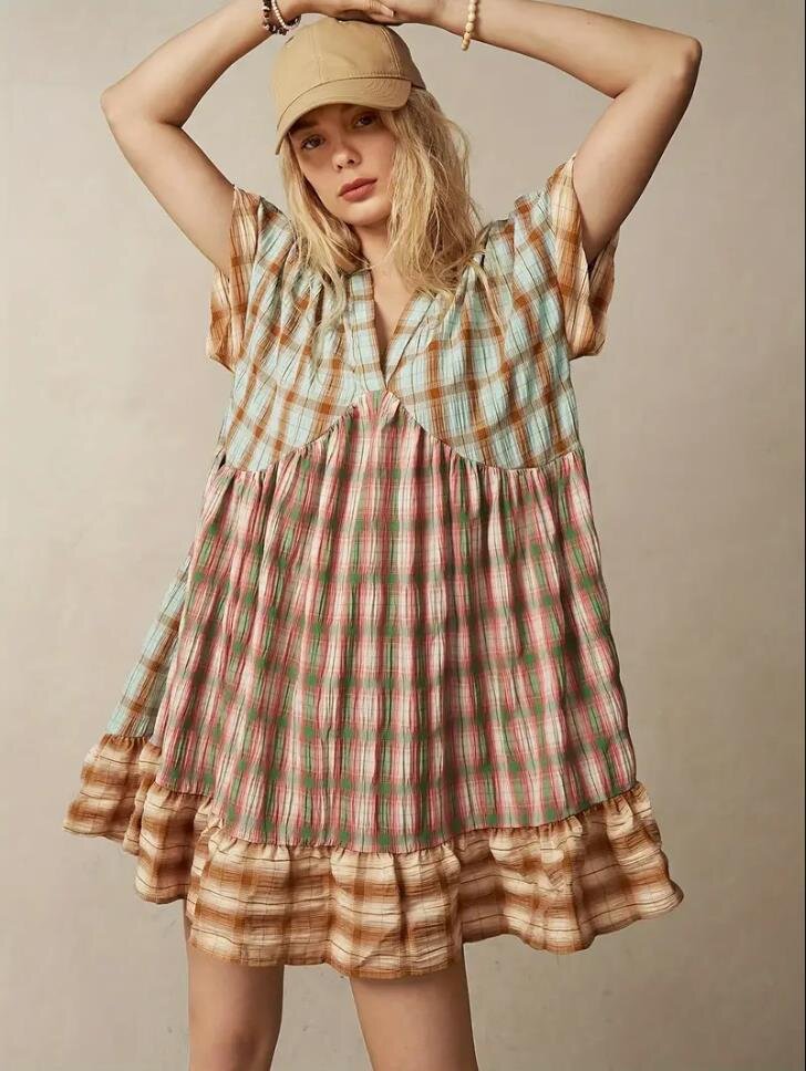 Plaid Patchwork V-Neck Short Sleeve Mini Dress
