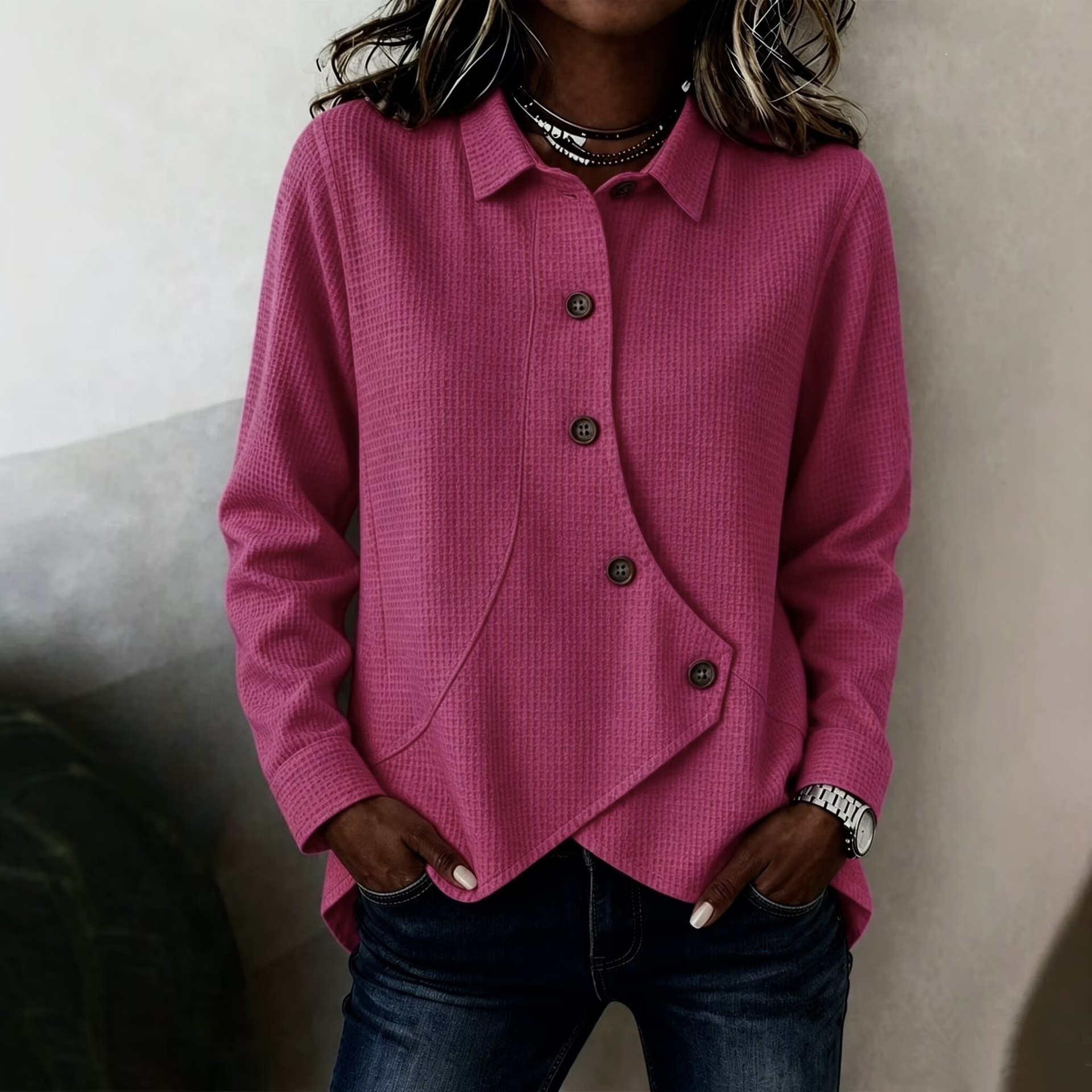 Women's Casual Waffle Knit Asymmetric Long Sleeve Polo Shirt