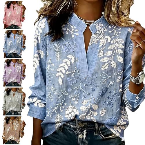 Leaf Print V-Neck Long Sleeve T-Shirt for Women