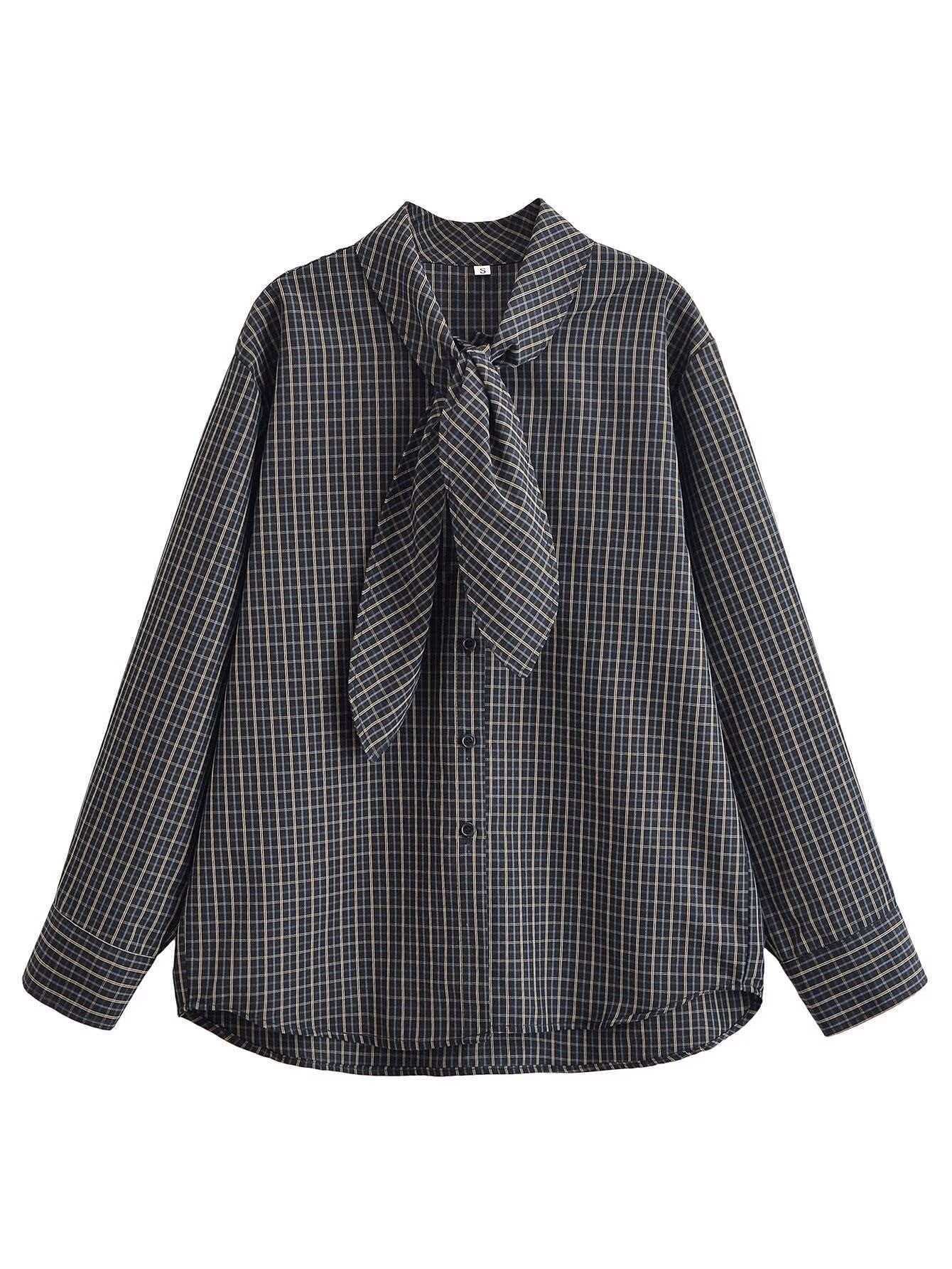 Women's Loose Plaid Button-Front Scarf-Neck Casual Shirt