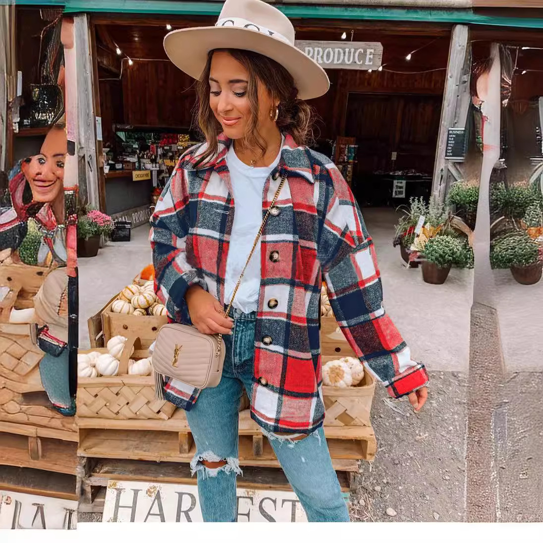 Women's Plaid Button-Front Collared Long Sleeve Loose Mid-Length Shirt Jacket