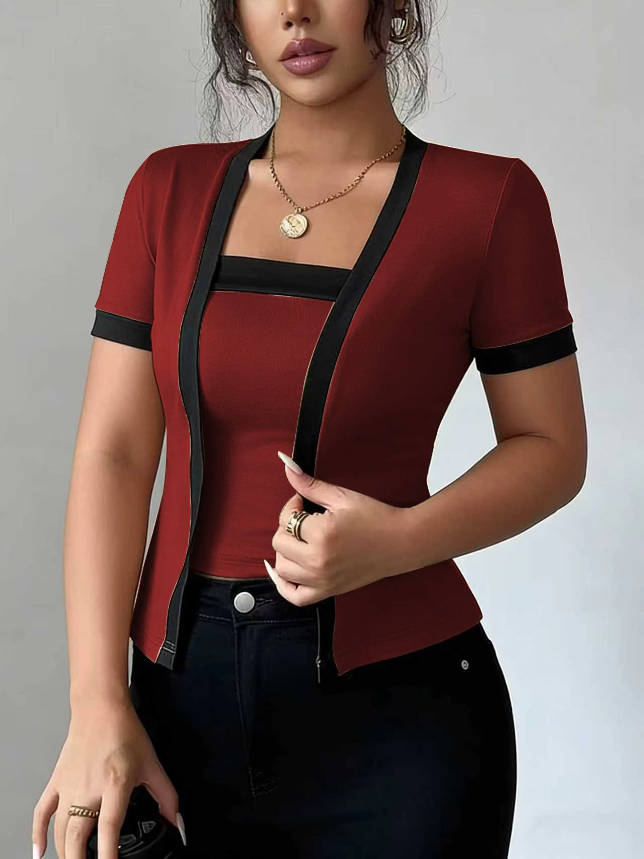Women's Sexy Open-Front Cardigan Short-Sleeve Faux Two-Piece T-Shirt