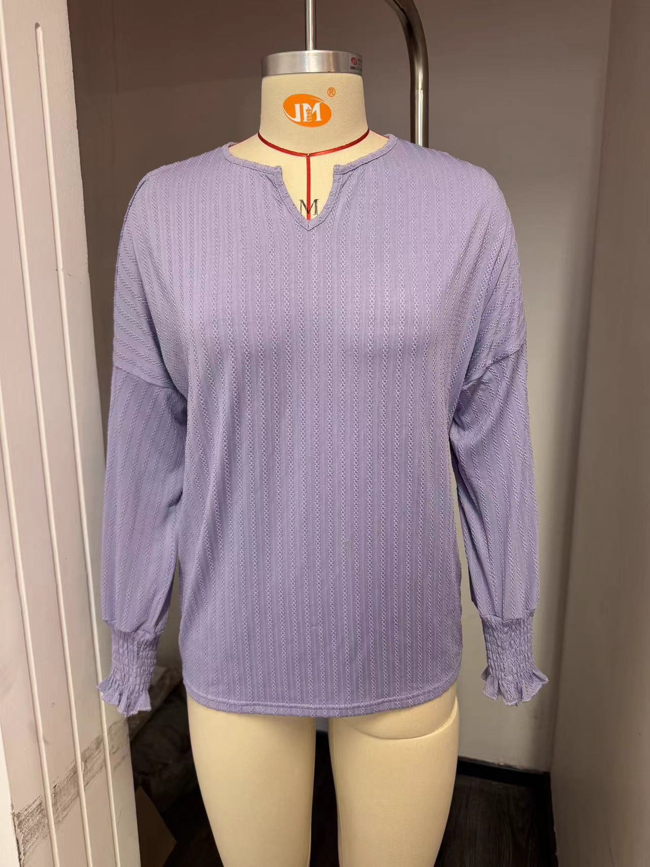 Women's Loose V-Neck Smocked Top with Batwing Sleeves