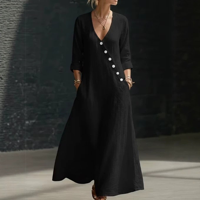 Women's V-Neck Button-Front A-Line Maxi Dress