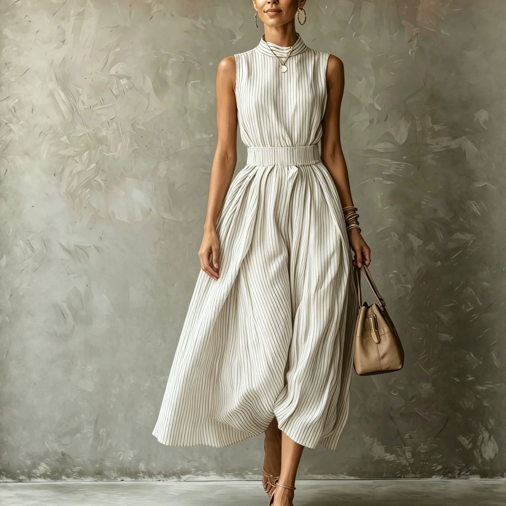 Women's Sleeveless Striped Midi Dress High Waist Fit and Flare