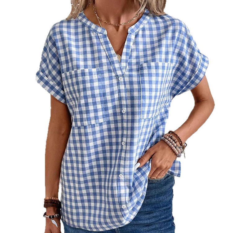Women's Retro Plaid V-Neck Short Sleeve Shirt Loose Fit