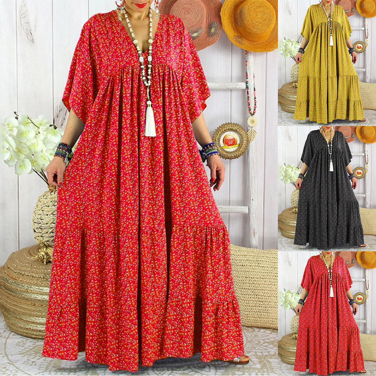 V-Neck Asymmetrical Long A-Line Dress with Flared Hem