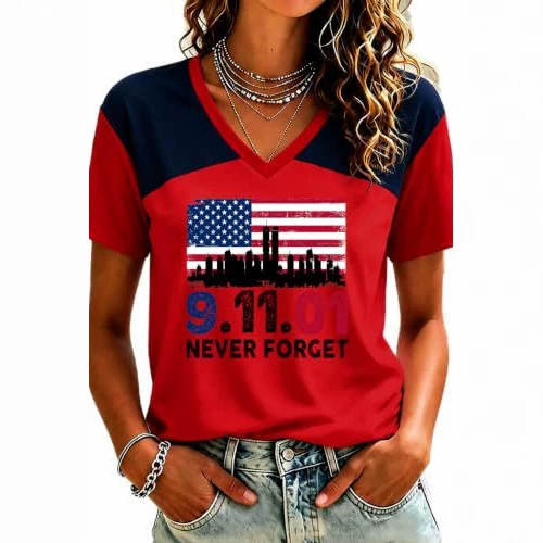 Twin Towers Anniversary Print V-Neck Short Sleeve Women's T-Shirt