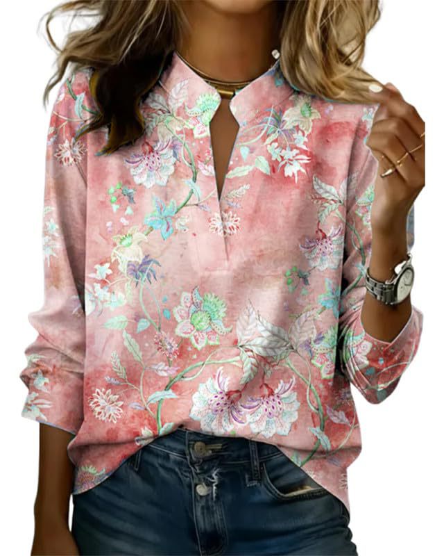 Women's Printed V-Neck Cutout Long-Sleeve Blouse