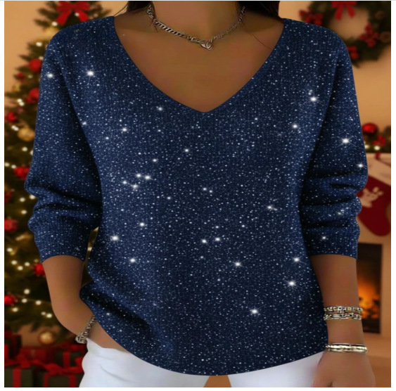 Starry Polka Dot Colorblock Print V-Neck Long Sleeve T-Shirt