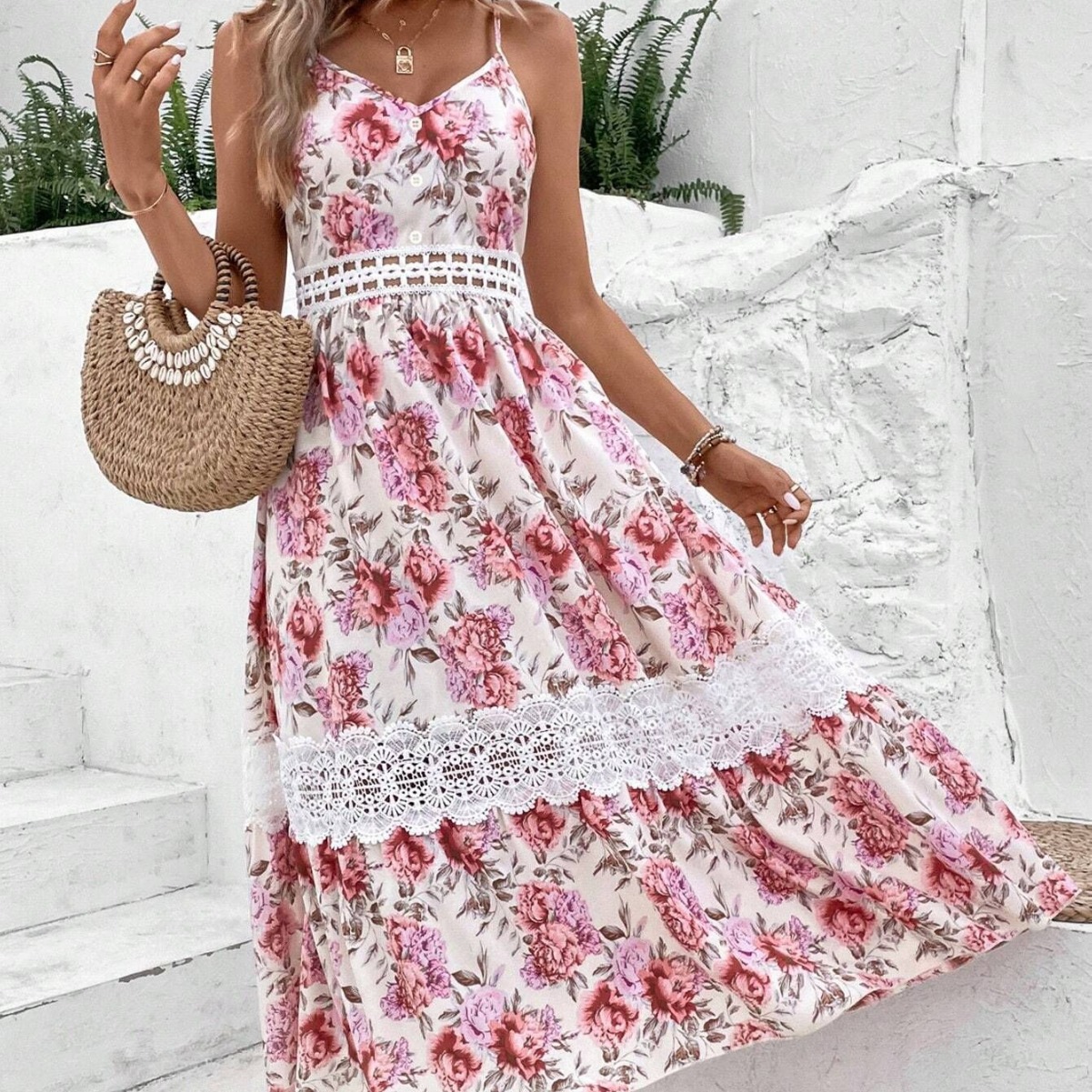Floral Sweetheart Cami Dress with Lace Trim Print