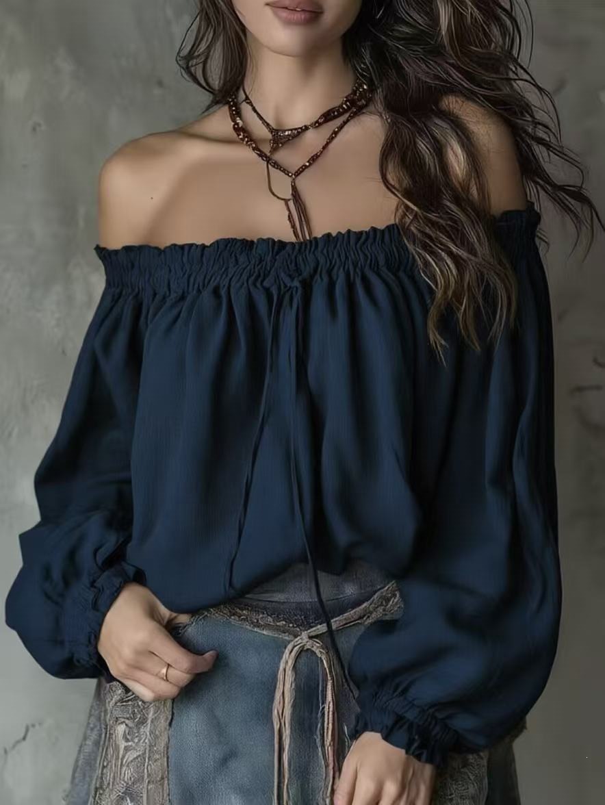 Off-Shoulder Chiffon Blouse with Puff Sleeves and Drawstring
