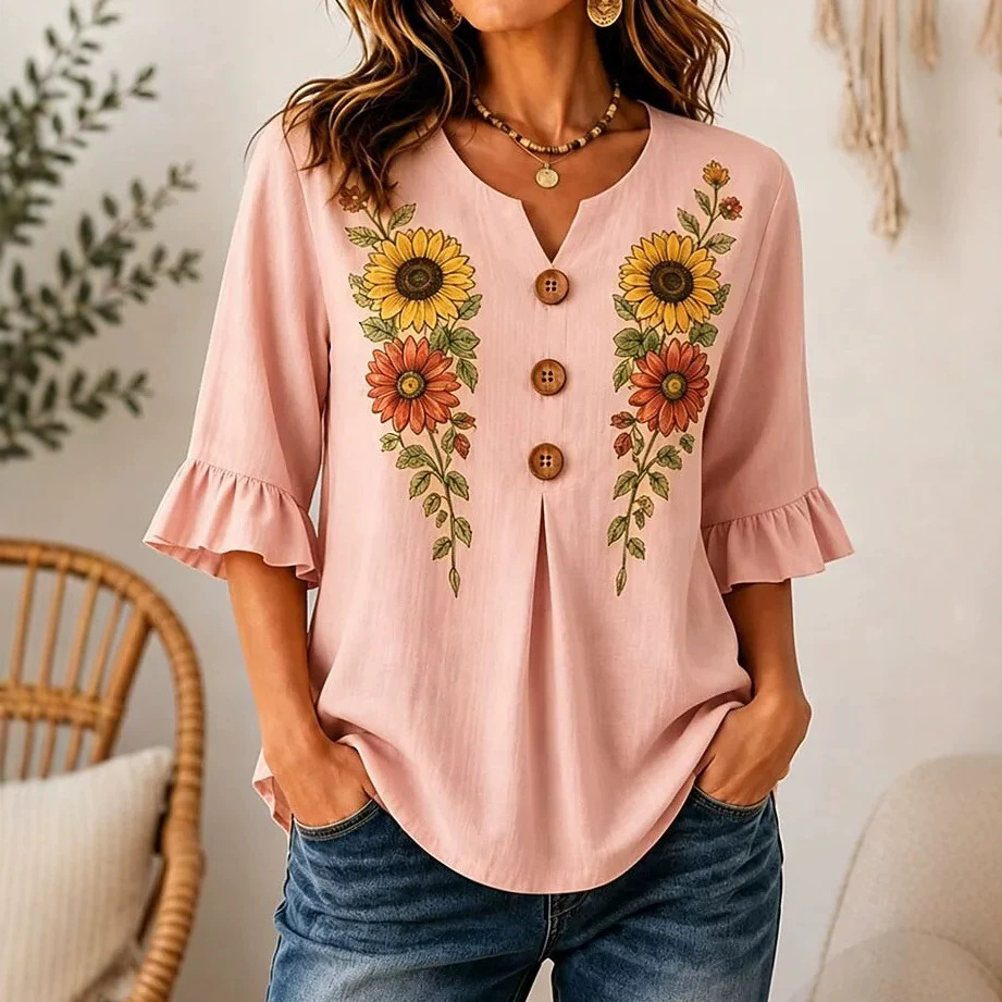 Floral Print Rolled Sleeve Button-Up Women's Top